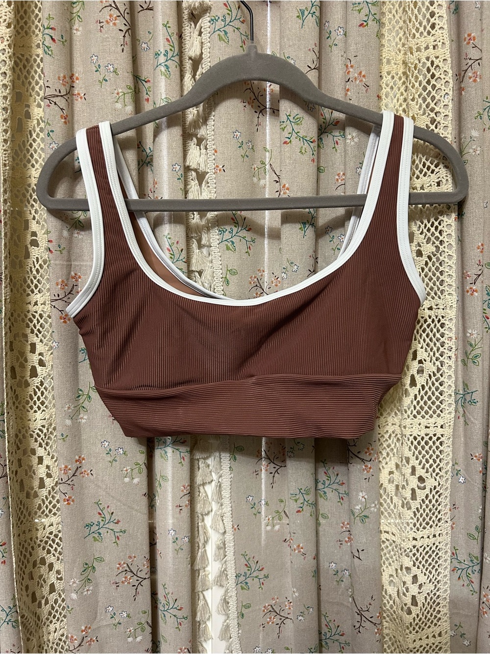 LainSnow Ribbed Brown White Trim Longline Bikini Top Swim Top NWOT Made USA